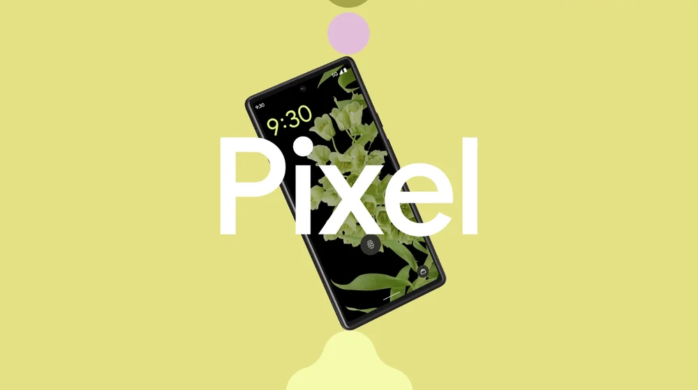 Image of a Pixel phone against a yellow background. The Words "Pixel" are spelled out in white across the screen.