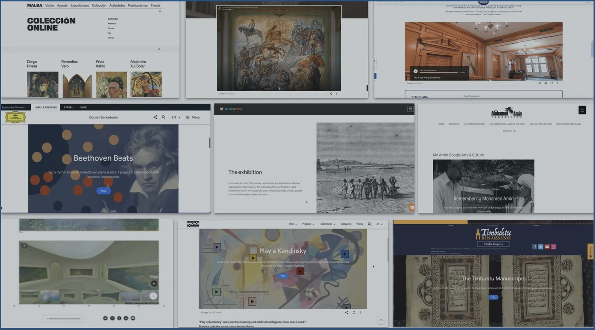 A collage showcasing various use cases of Google Arts & Culture content embedded on museums websites