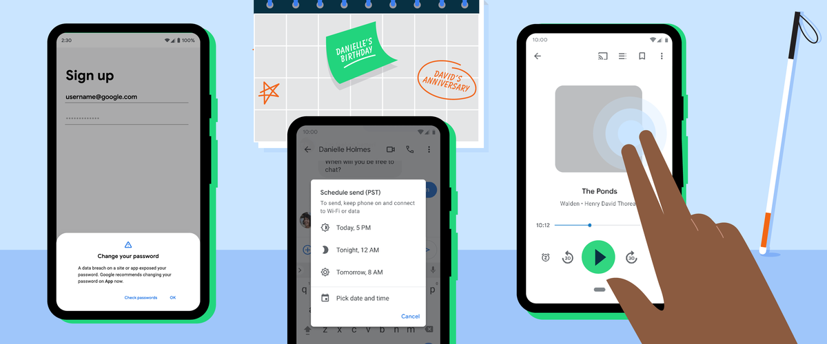 Android new features including scheduled texts and TalkBack magic tap