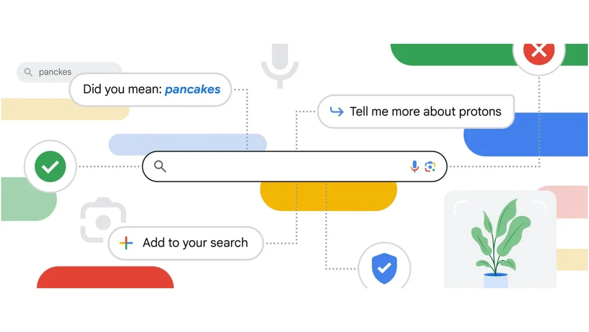 Illustration d'une barre de recherche avec des symboles illustrant les mises à jour de Google Search, de la sécurité aux résultats "did you mean" en passant par Google Lens et la recherche vocale.