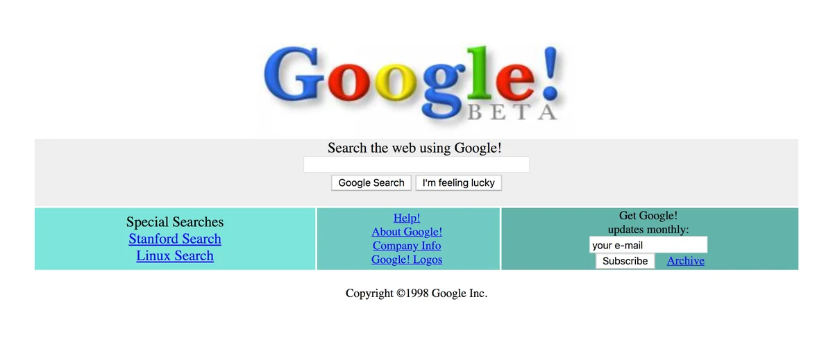 지금으로부터 25년 전인 1998년 당시의 구글 첫 페이지 화면이 보인다.