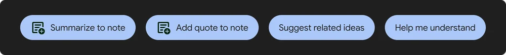 Four buttons with suggested actions to take on notes, like “summarize to note” and “suggest related ideas.”