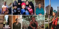 A collage of photographs of women, from boxers to dancers, of various ages and ethnicities