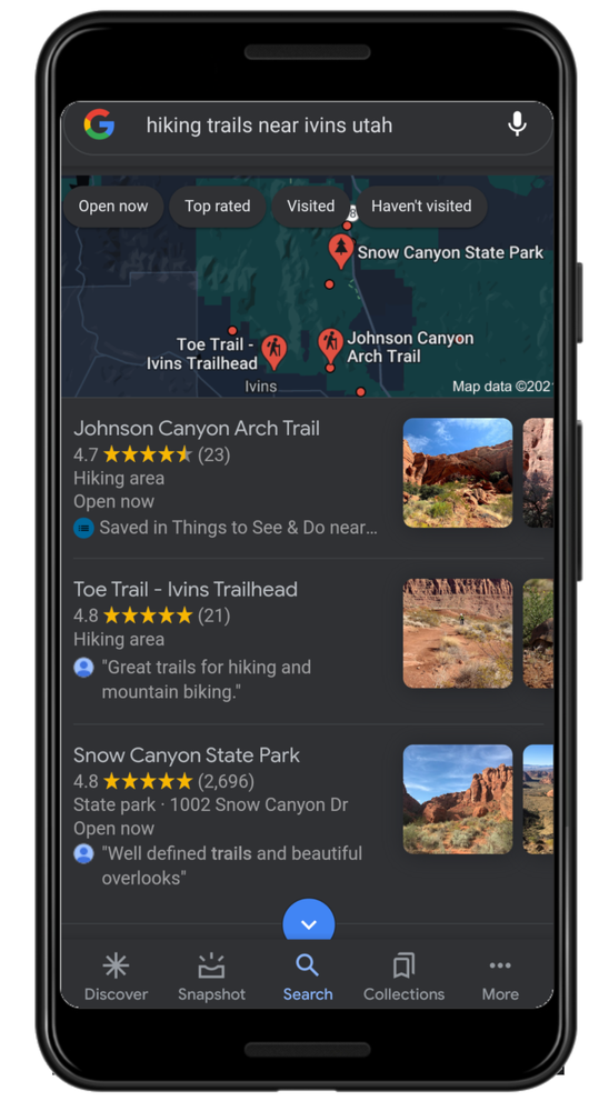 A photo of a search for hiking trails in Google Maps