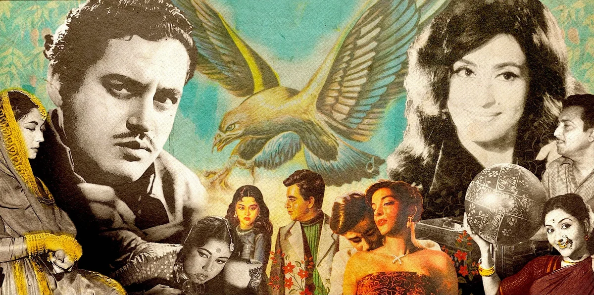 A photo collage of multiple Hindi movie actors and actresses, and an eagle in the center of the image.