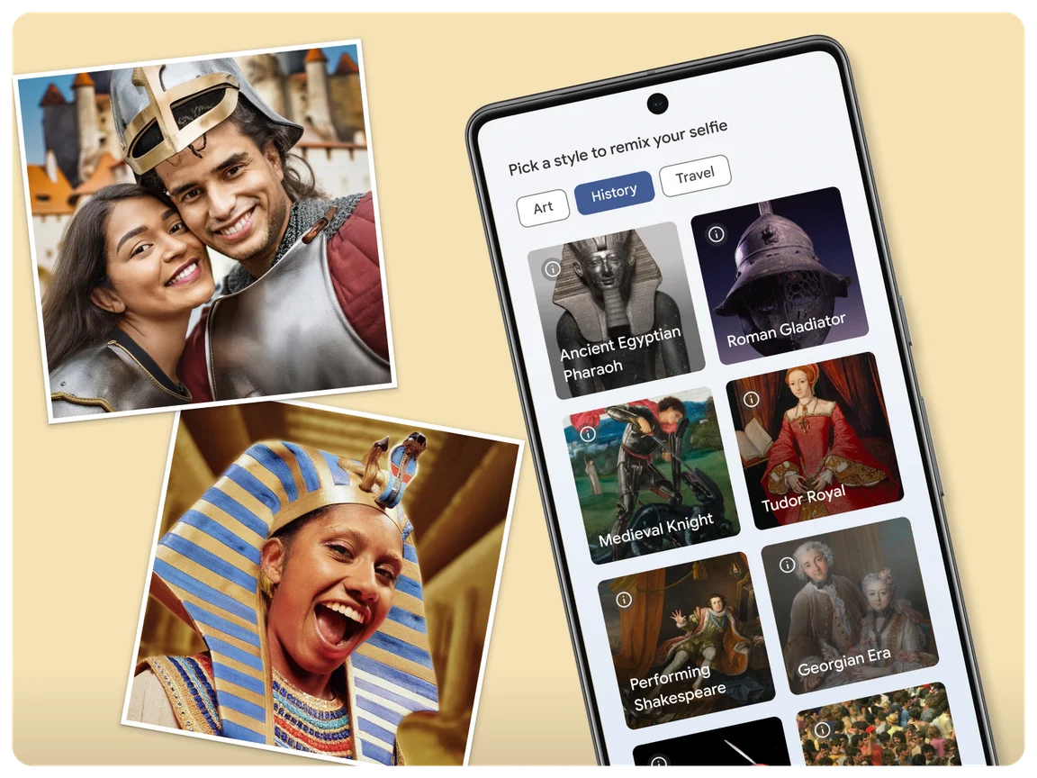 UI of Art Selfie 2 feature shows history inspired styles and remixed selfies