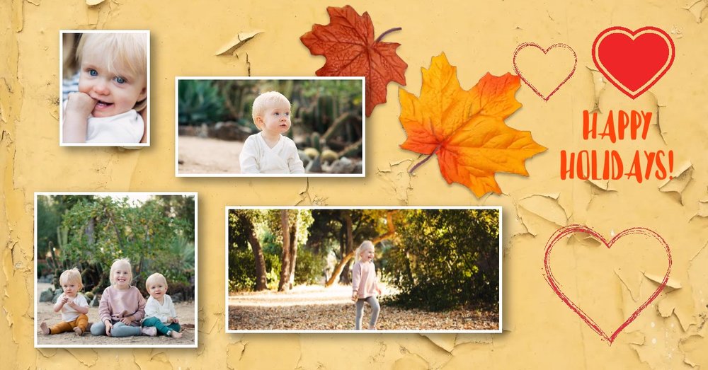A card that reads “Happy Holidays” with four photos of children playing outside
