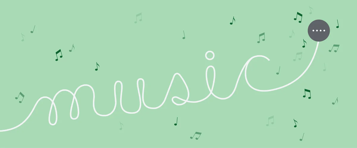 Image showing the word "music" spelled out with notes around it and a Google Nest Mini at the end of the "c."