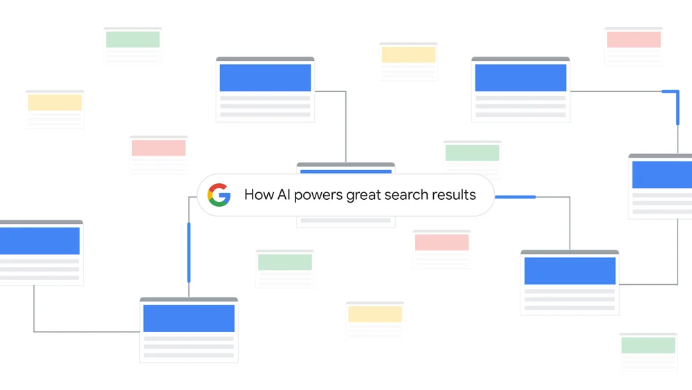 Search bar with the query “How AI powers great search results.” In the background are colorful illustrations of search results.