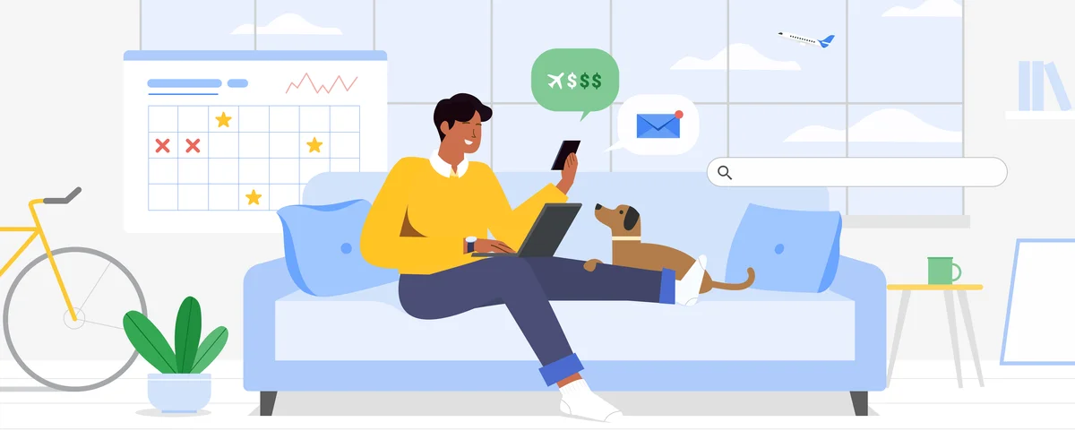 Illustration of a person sitting on a couch using a laptop and phone to search for flight deals