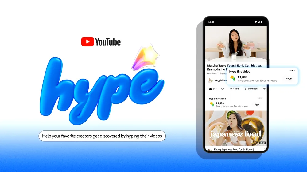 "YouTube Hype:" yazan metin, videolarını heyecanlandırarak favori içerik oluşturucularınızın keşfedilmesine yardımcı olun." Bir akıllı telefonda Hype özelliğinin ekran maketinin yanında.