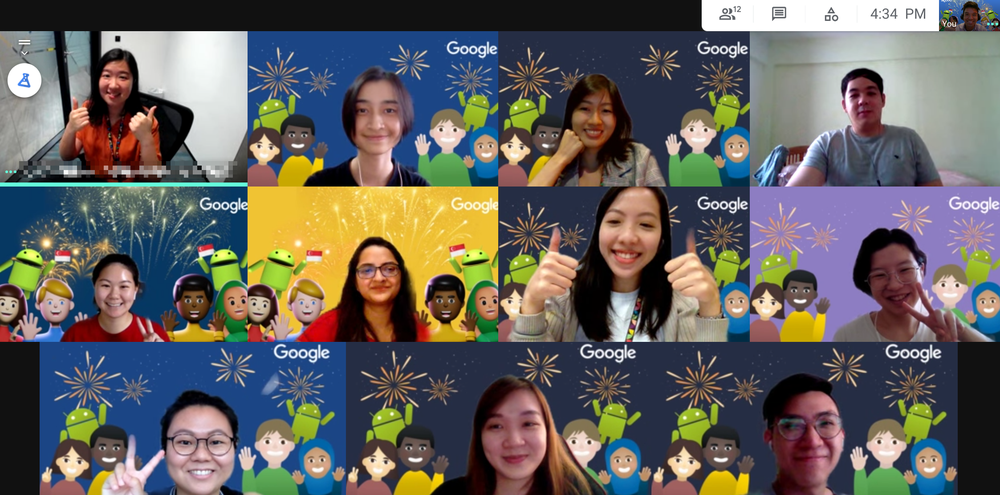 A screenshot of Skills Ignition trainees smiling and making thumbs-up and victory gestures on a Meet video call.