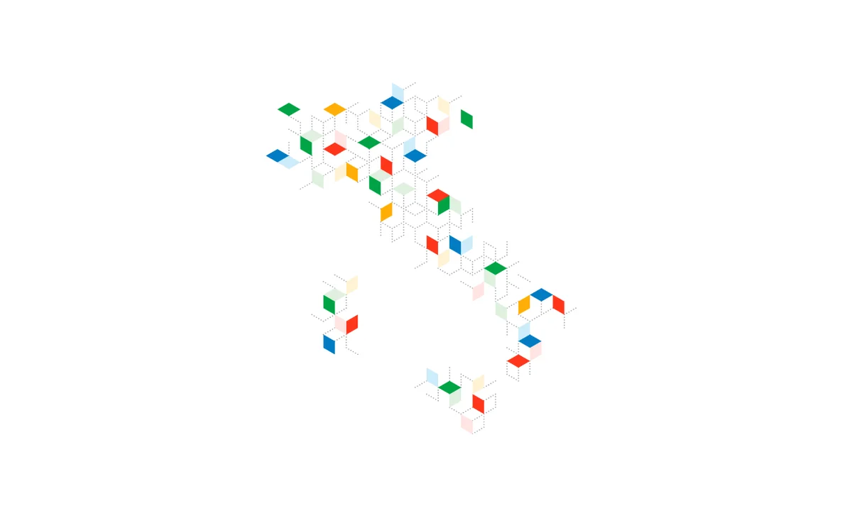Immagine dell'Italia con dei quadratini colorati dei colori simbolo di Google