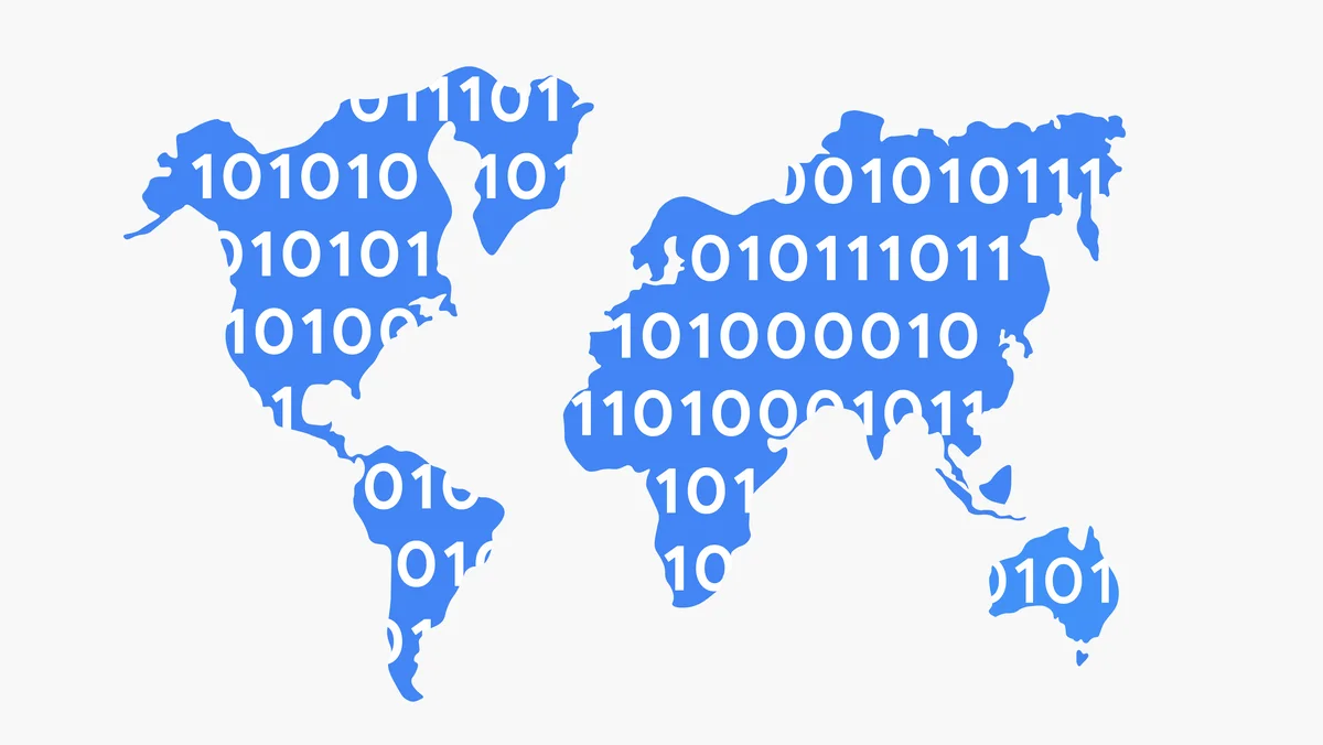 Illustration of a map of the world in ones and zeroes