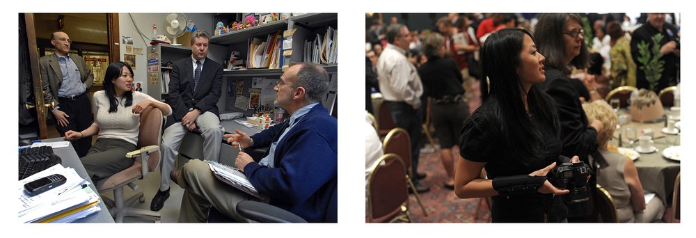 Left: Irene Jay Liu, seated in a small, cluttered office, talks with three fellow journalists. Right: Irene Jay Liu, holding a camera, and observes the busy scene at an event in a banquet hall.