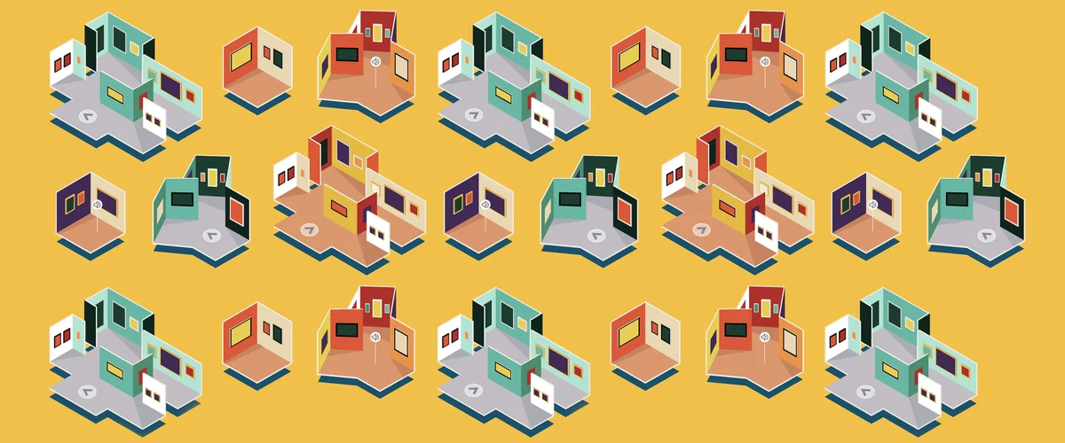 an illustration showing an isometric view of the interiors of 15 virtual art galleries on a yellow background