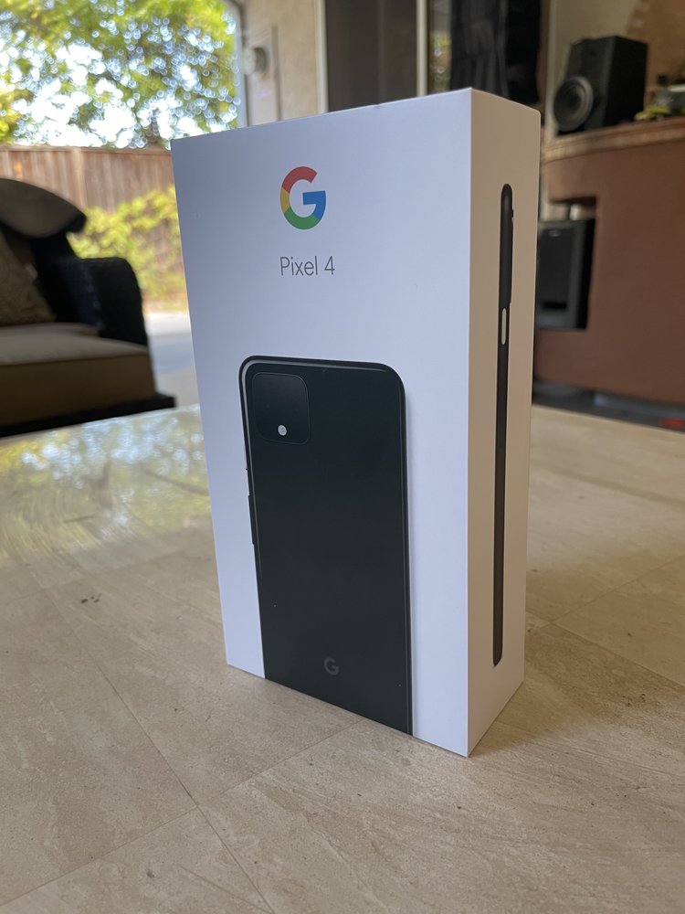 Pixel 4 box sitting on a table indoors.