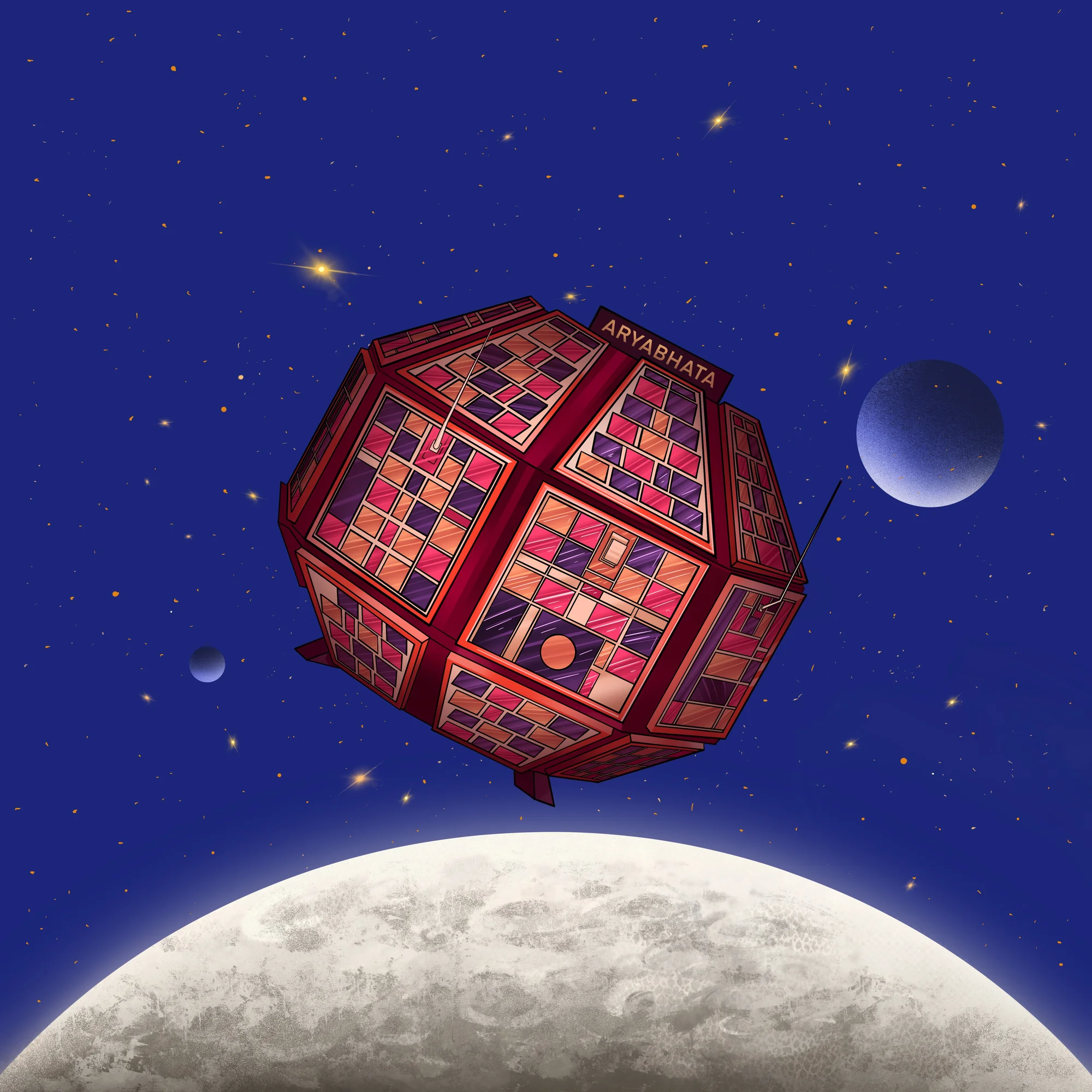Illustration of an octagonal prism structure with a purple, red, orange grid patterned and labeled “Aryabhata” floating in outer space between stars and two planets.