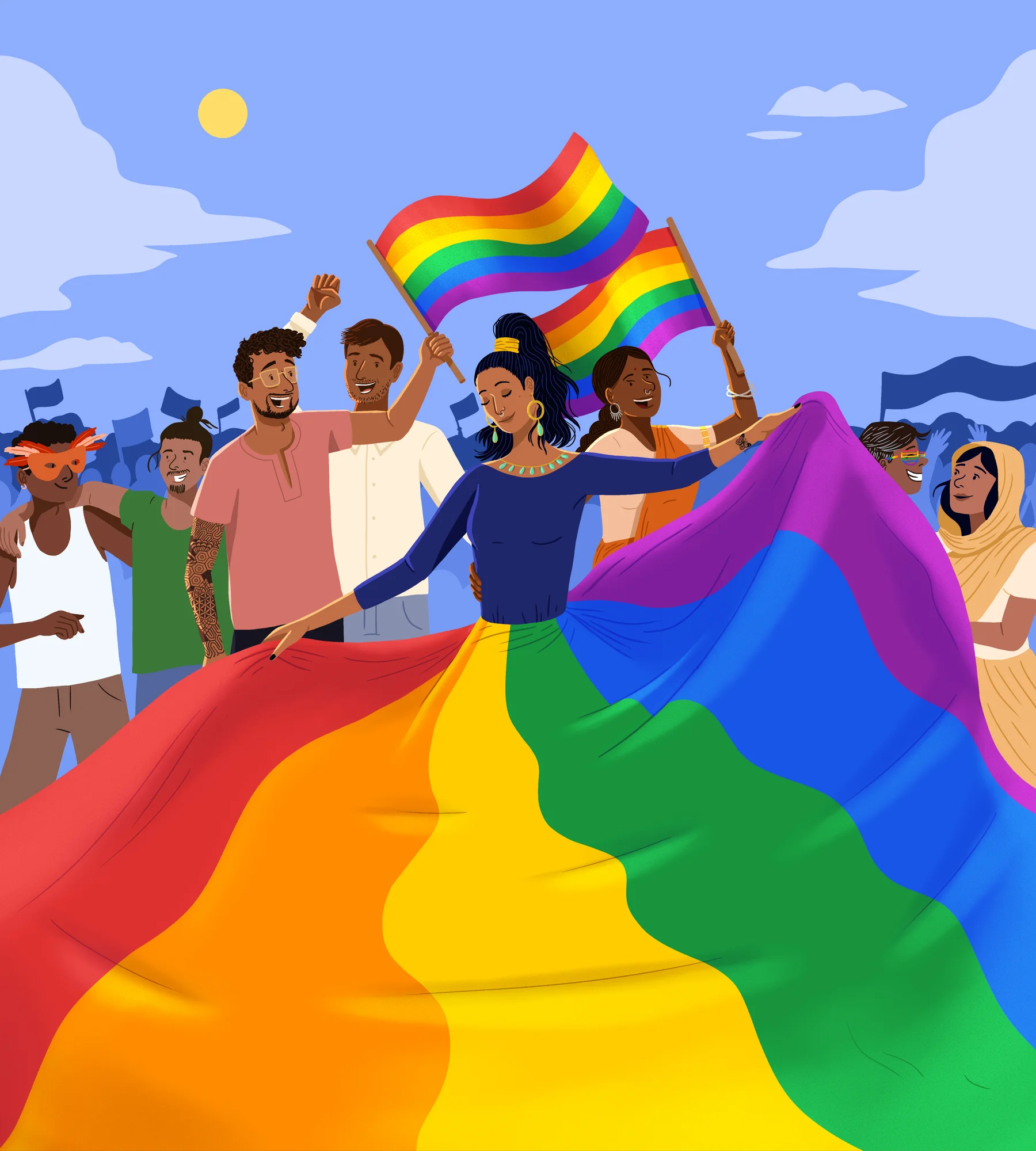 Illustration of a person wearing a large rainbow skirt in front of a crowd of people holding rainbow flags and looking happy, outdoors.