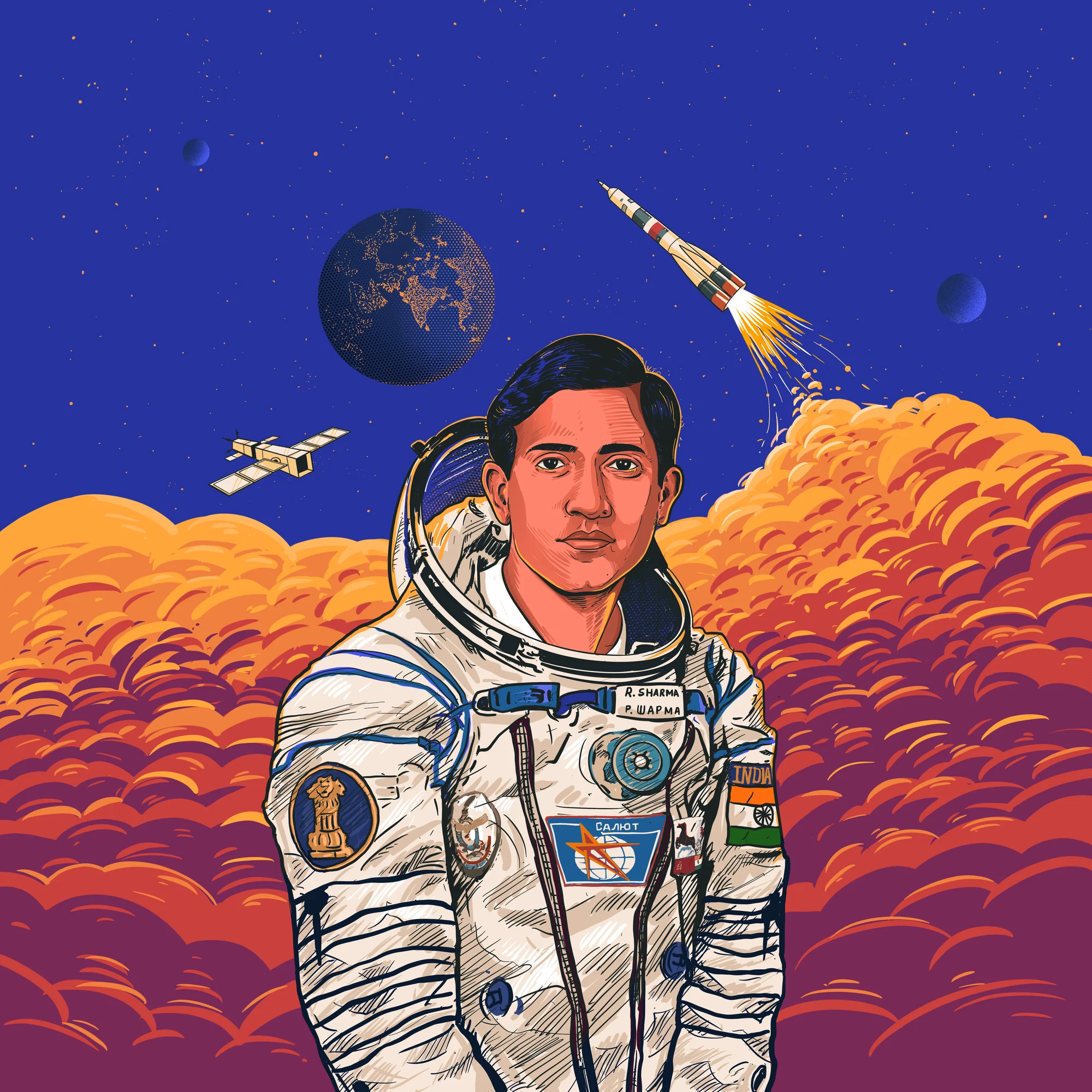 Illustration of an astronaut in a space suit with the helmet down, against a backdrop of outer space, a rocket, a satellite, and three planets.