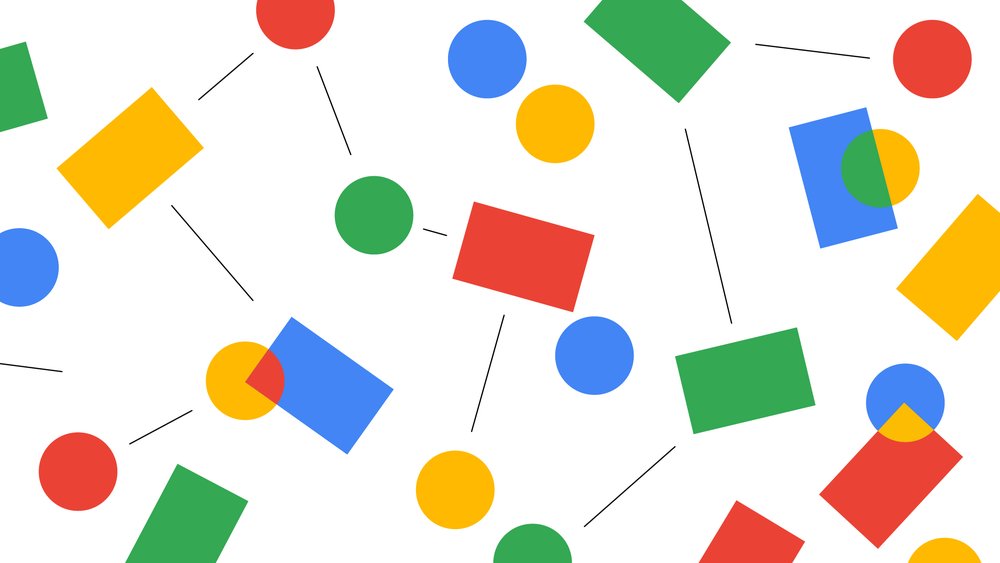 A random assortment of squares, circles and lines in Google's four colors: blue, green, yellow, and red
