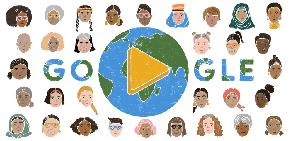 A Google Doodle featuring the faces of many different women, surrounding an image of the world.