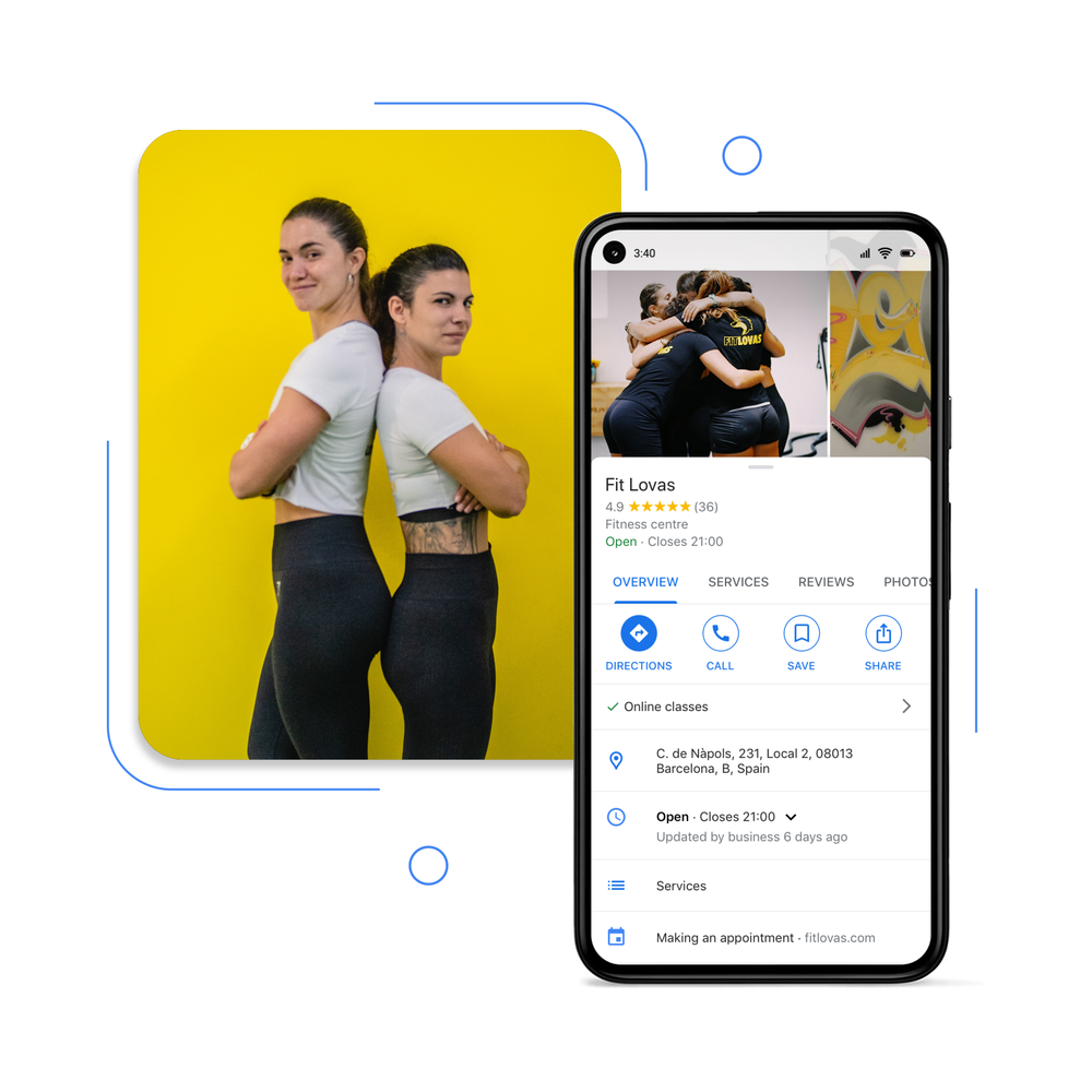 photo of two of the owners of Fit Lovas, alongside a screenshot of their Business Profile