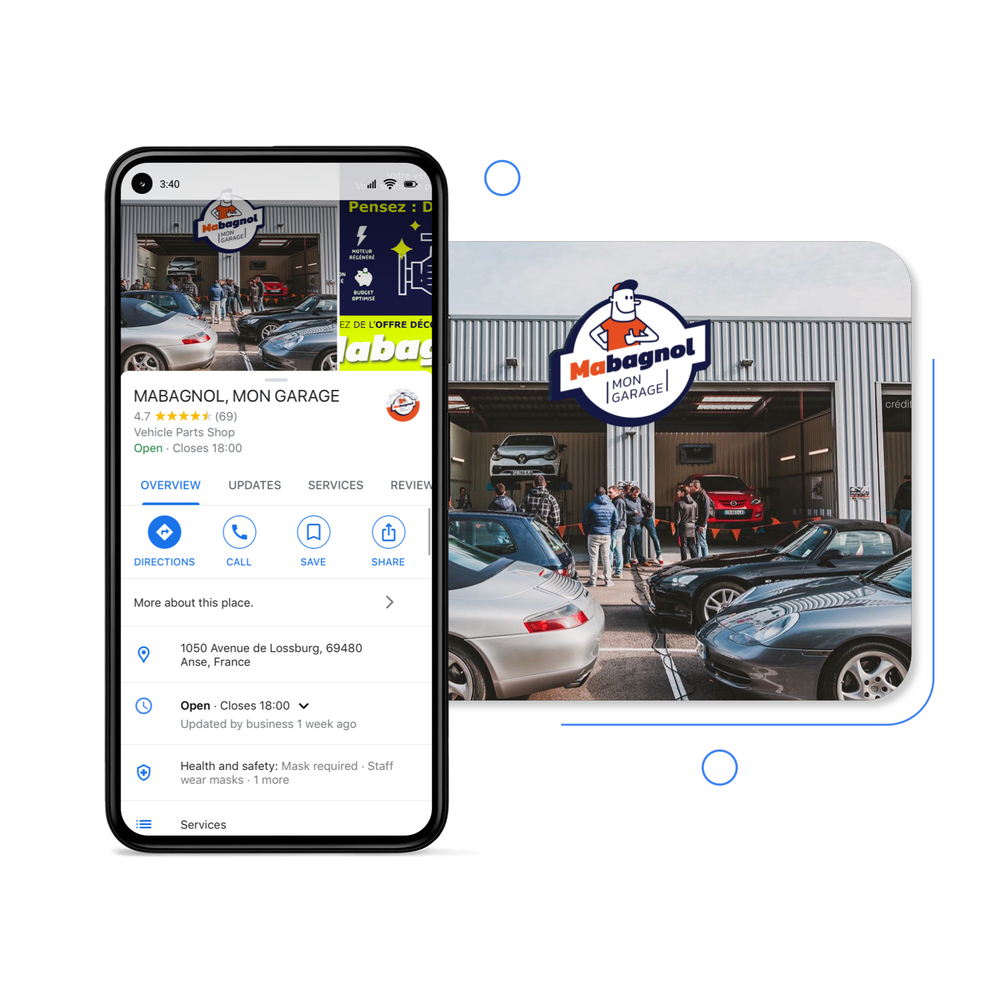 Screenshot of the Business Profile for Mabagnol, alongside a photo of the garage