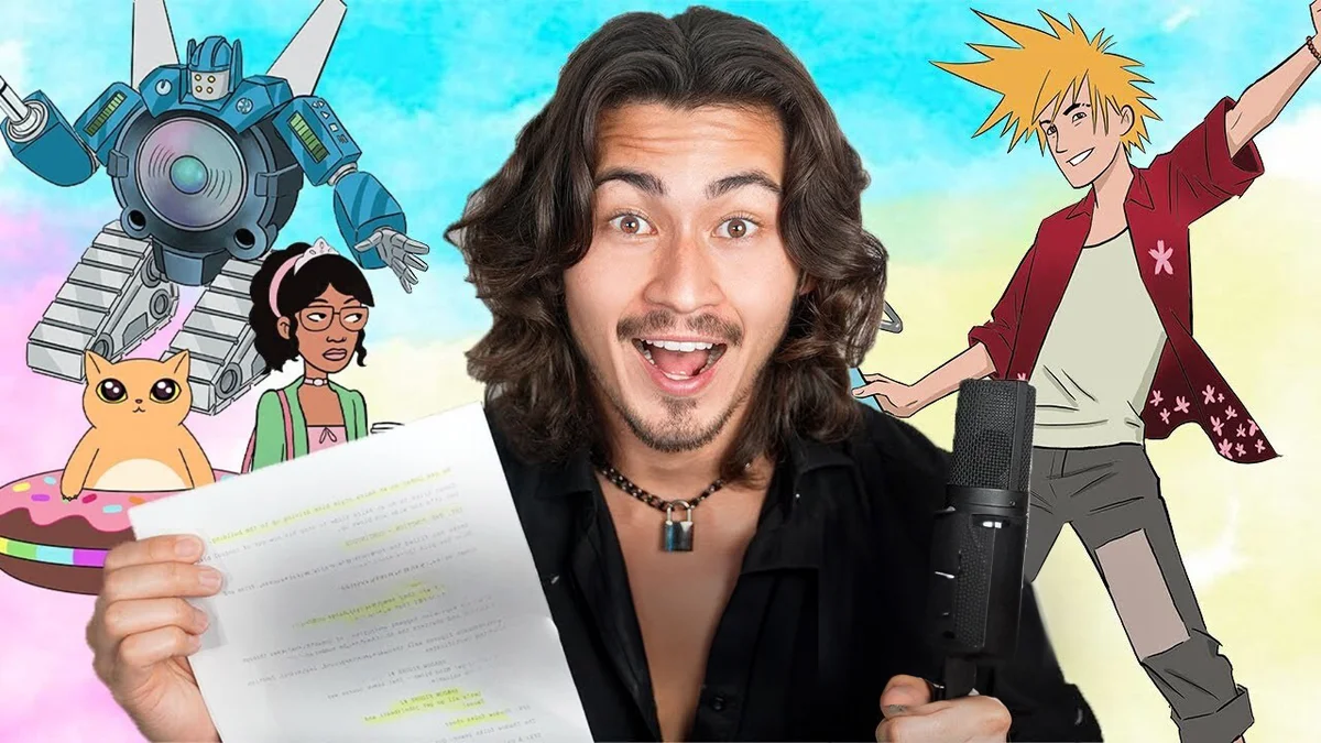 An image of YouTube creator Ian Boggs holding a script and smiling. Animated characters from the YouTube series "Epic Career Quest" appear in the background.