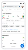 Screenshot of a live score update on a mobile phone for the Africa Cup of Nations match between Equatorial Guinea and Ivory Coast. Equatorial Guinea leads 1-0 at the 65th minute. The interface shows tabs for Overview, Timeline, Lineups, and Stats, with the match being held at the Olympic Stadium of Ebimpé. Match stats indicate 3 shots for Equatorial Guinea and 13 for Ivory Coast, with a shot accuracy graphic below.