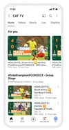 Mobile screen displaying the CAF TV YouTube channel with a 'For you' section featuring thumbnails of AFCON 2023 match highlights, including South Africa vs Namibia and South Africa vs Zambia, reflecting user interests and suggesting videos based on recent views.