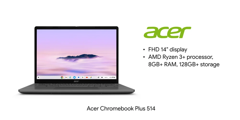 Image of a laptop with Acer logo and details including display, processor, RAM, storage and price.