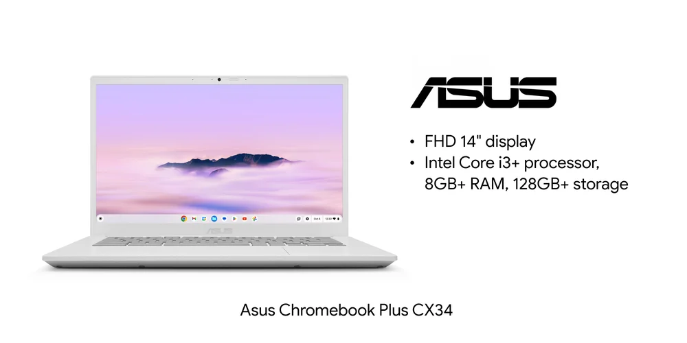 Image of a laptop with ASUS logo and details including display, processor, RAM, storage and price.