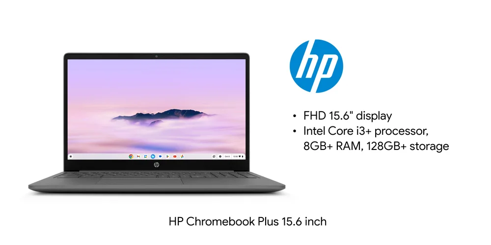 Image of a laptop with HP logo and details including display, processor, RAM, storage and price.