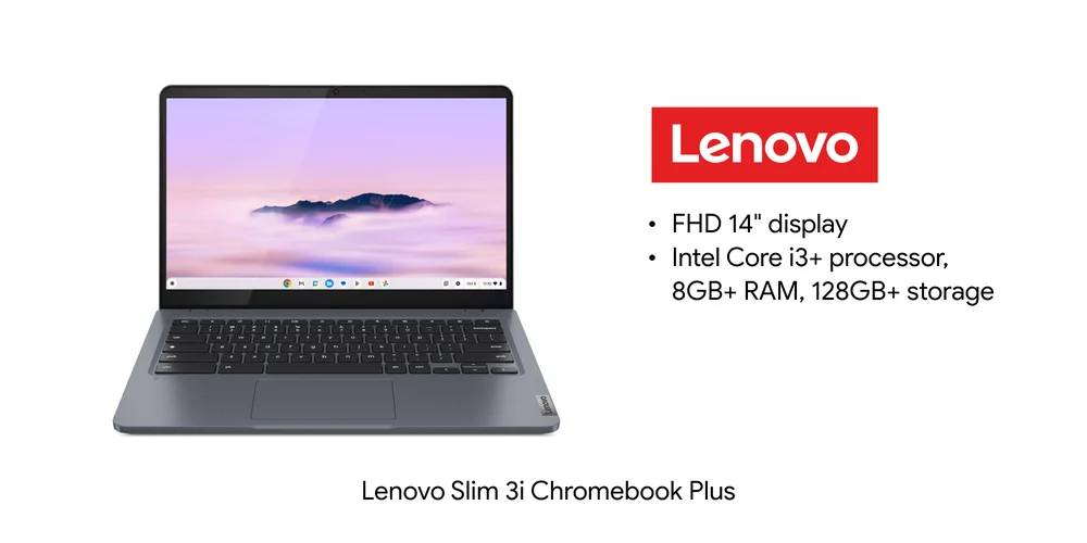 Image of a laptop with Lenovo logo and details including display, processor, RAM, storage and price.