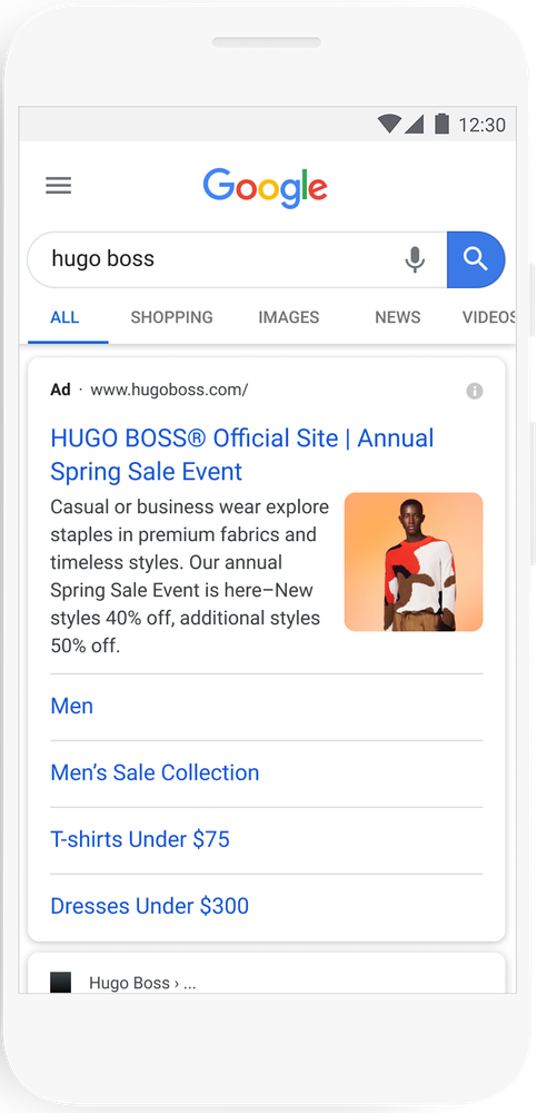 Die Bilder-Extension in den Search Ads, Beispiel von Hugo Boss