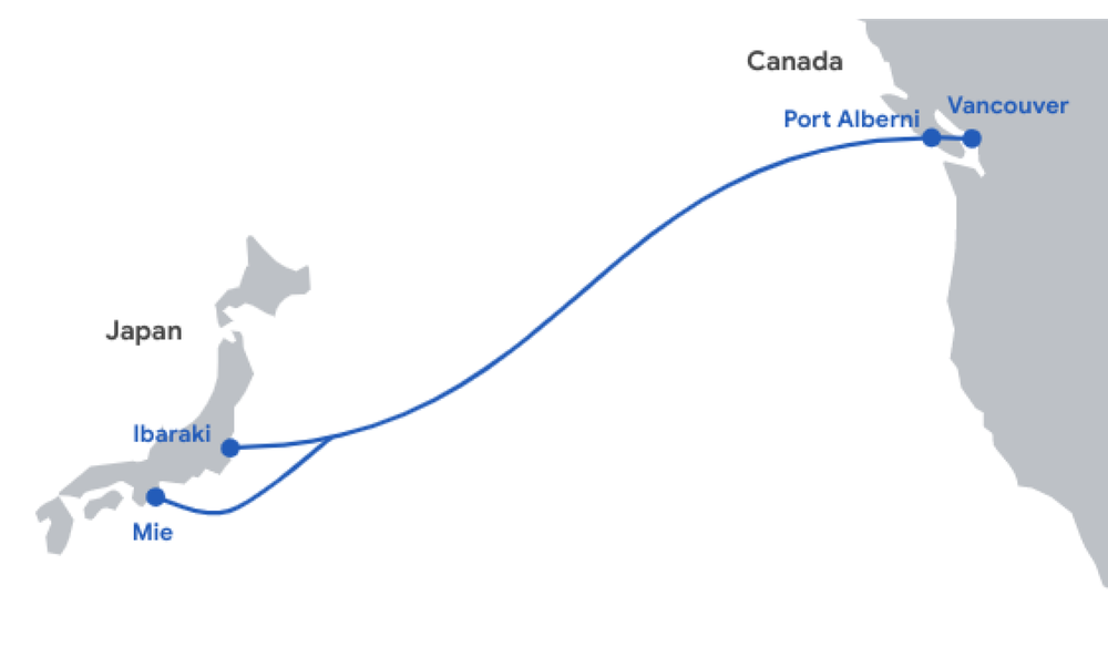 Illustration of a map of Japan and the west coast of Canada with a subsea cable line connecting the two countries.