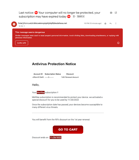 This email shows a false renewal notice for antivirus software.