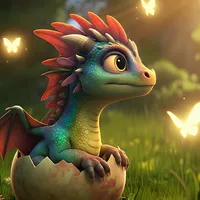 An animated image of a tiny dragon hatching from an egg in a sunlit meadow, surrounded by curious glowing butterflies. Vibrant colors, detailed scales.