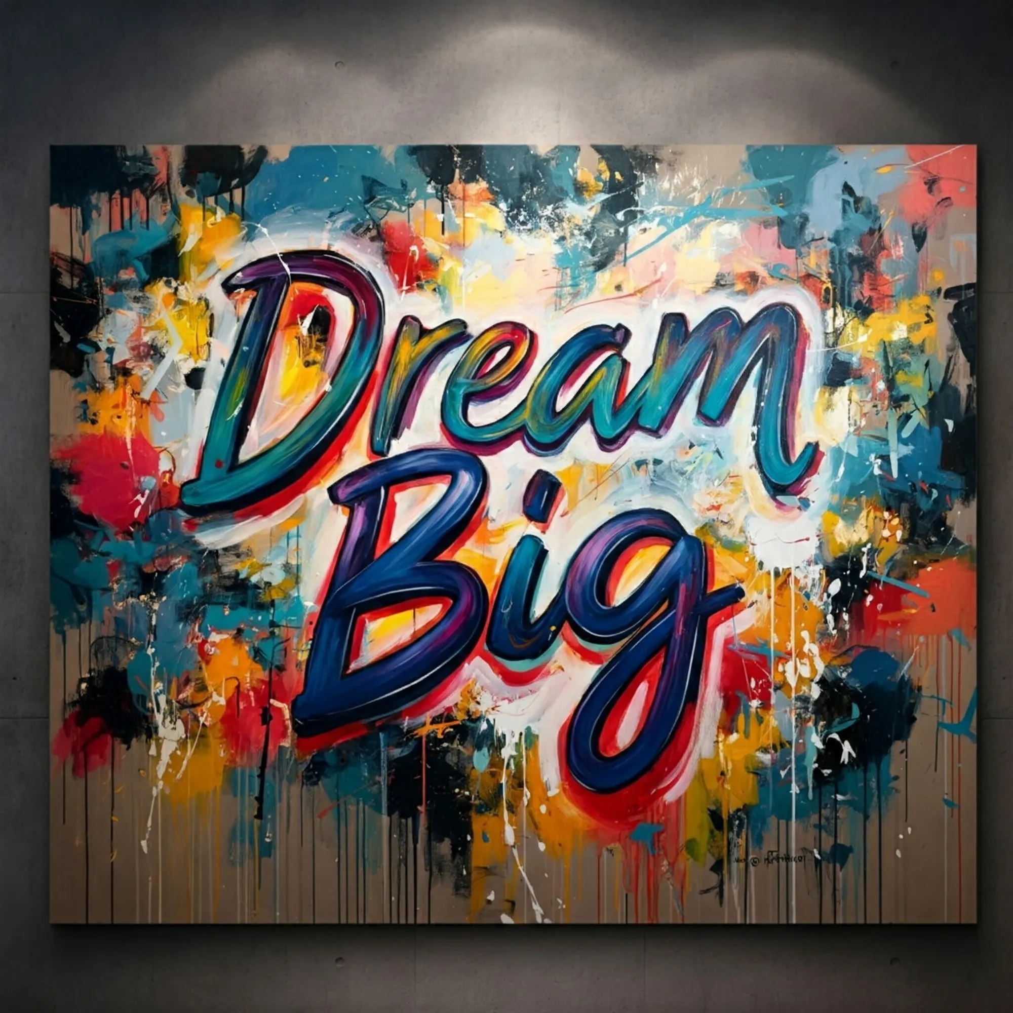 A vibrant abstract painting with the words "Dream Big" splashed across the canvas in bold colors.