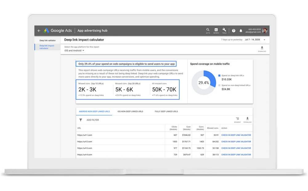 Google App Ads: Deep link impact calculator interface where you can see how implementing deep links influences your ROI