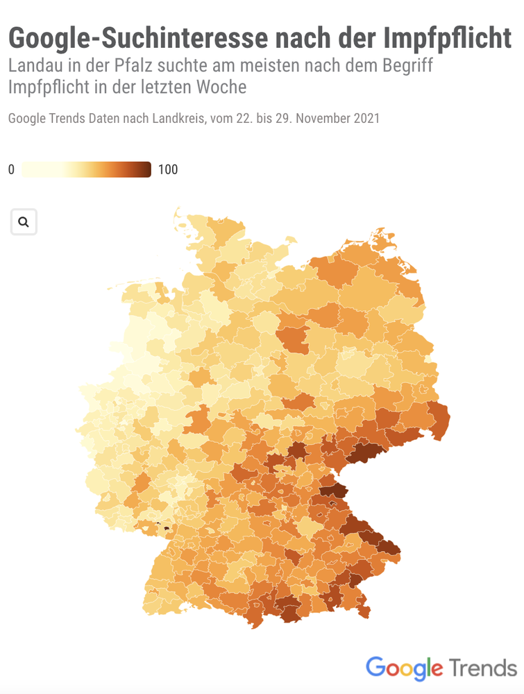 Eine Deutschlandkarte in verschiedenen gelb und rot-Tönen, die das Suchinteresse nach Impflicht anzeigen. Im Osten der Karte wird es stärker.