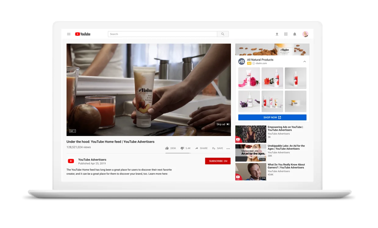 Still image of desktop playing a YouTube in-stream video ad for c’Balm. Images of different skincare products are shown to the far right  with a prominent “Shop now” button.