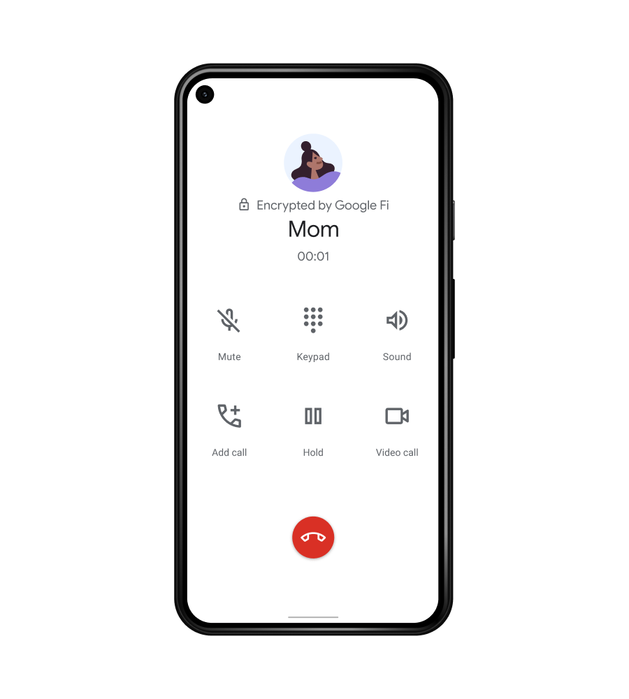 A phone screen shows a call with Mom, and there is an image of a lock to show that the call is protected by end-to-end encryption.