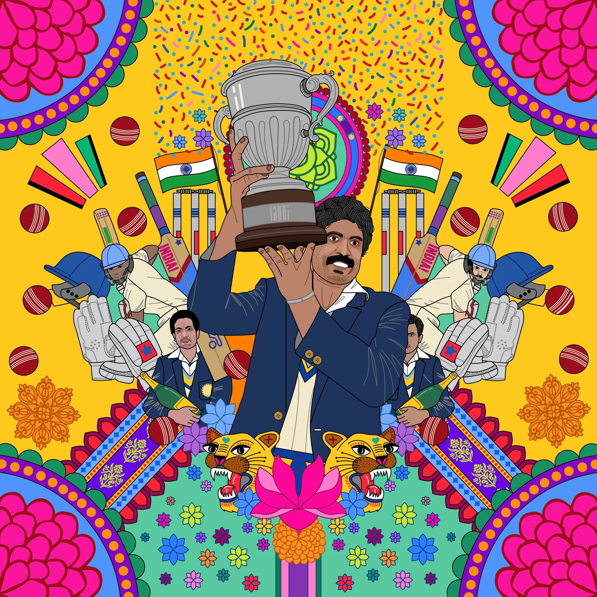 Illustration of a person in a suit holding a silver cup medal, against a colorful background of athletes, sports equipment, flowers, confetti, and traditional Indian patterns.