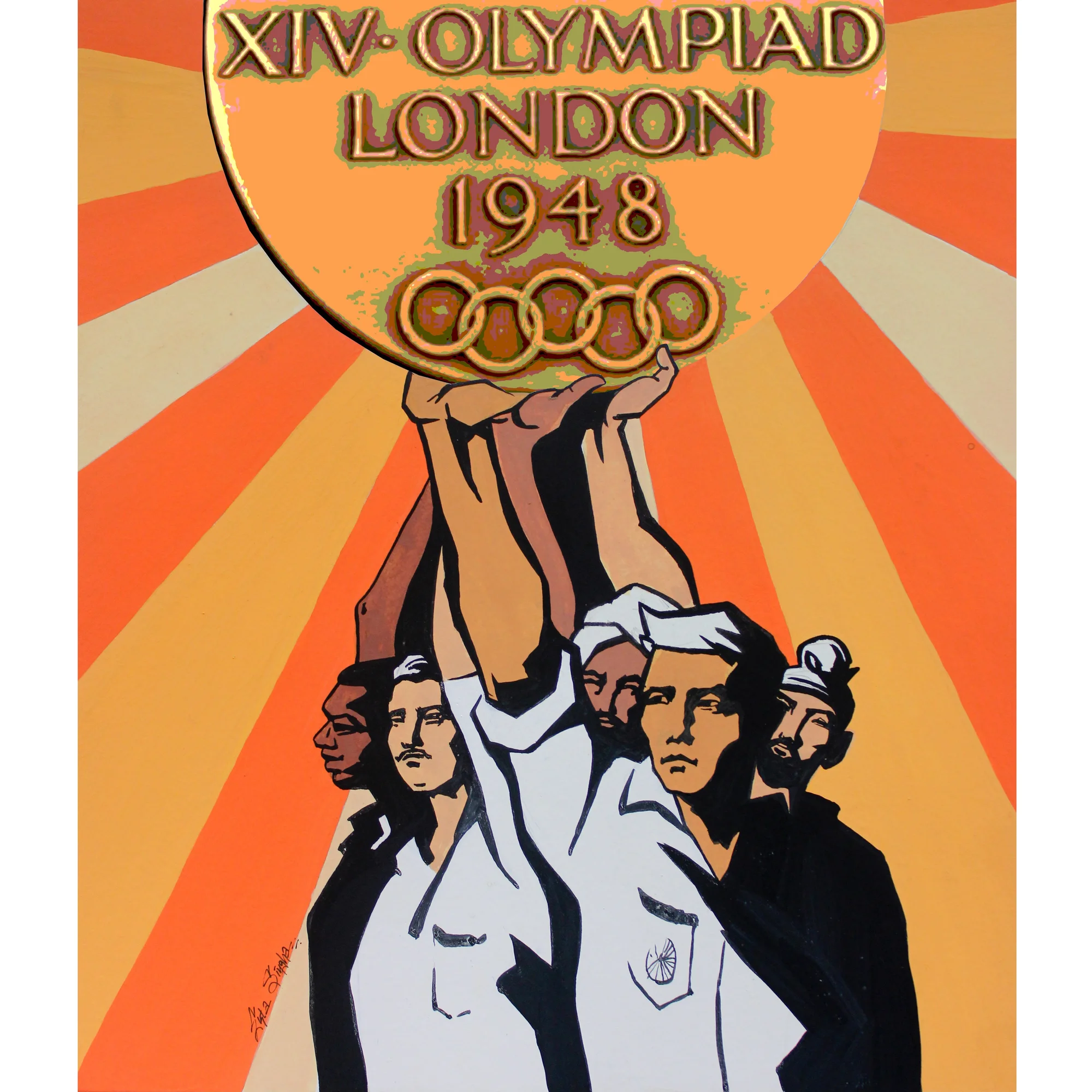 Illustration of a group of 5 people with their hands up, holding a large golden medal labeled “XIV OLYMPIAD LONDON 1948”, against an orange and yellow striped background.