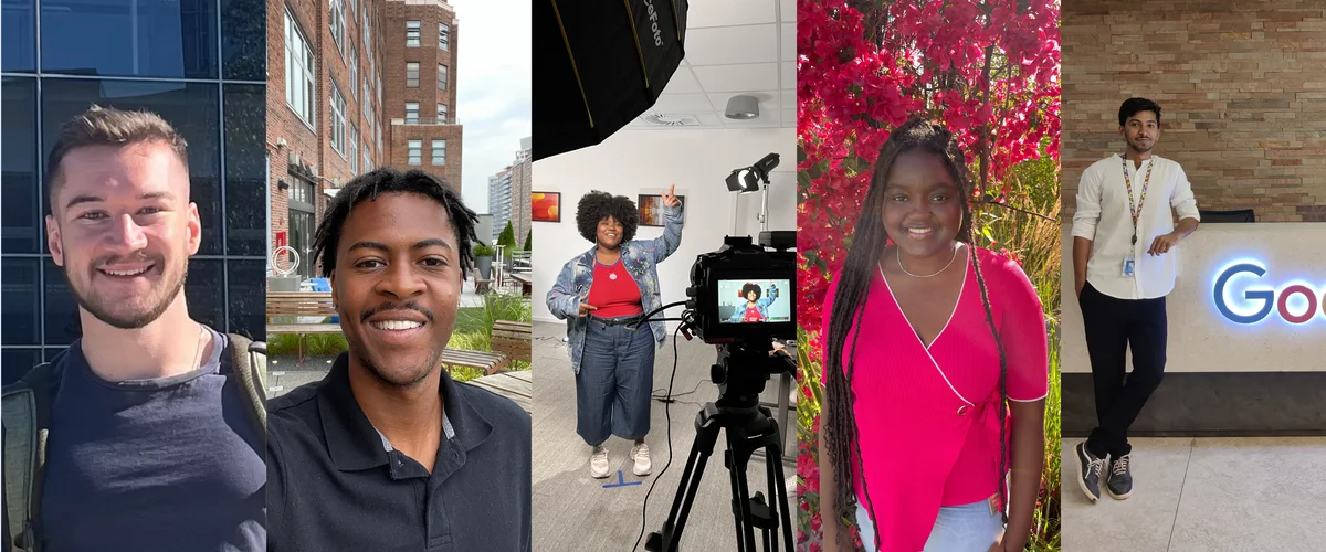 A collage of five people — from left to right: Aden, Jared, Dafne, Chenille and Hisham — all smiling at the camera.