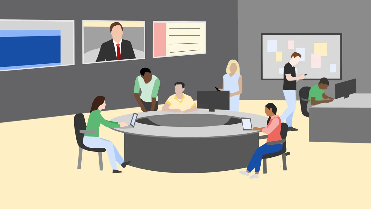 An illustration of seven people in an office setting with laptops and phones