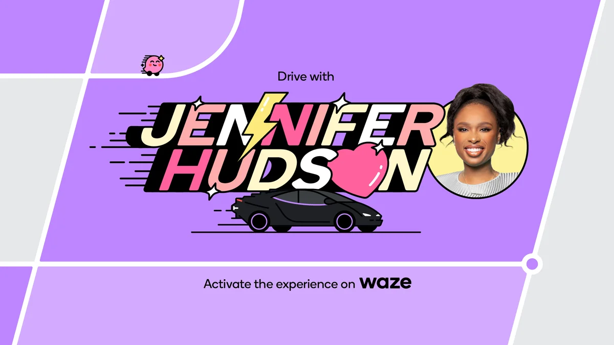 Jennifer Hudson appears in large pink  text with a picture of the singer actress saying “Exit Left. But carefully, please. A lot of people love you ” and an image of a black vehicle with pink accents.