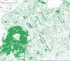 Zielono-biała mapa gęstości drzew w Parque Florestal de Monsanto i jego okolicach w Lizbonie, Portugalia.